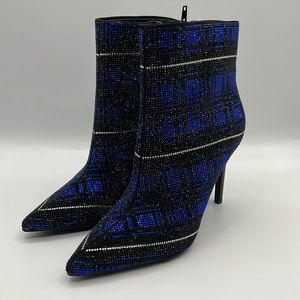 INC Womens Blue Plaid Rhinestone Reisa Stiletto Zip-Up Dress Booties
